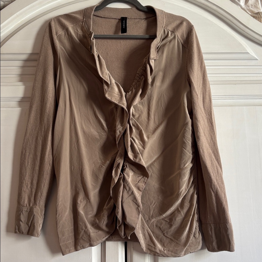 Marc Cain Taupe Silky Ruffle-Front Blouse/Cardigan